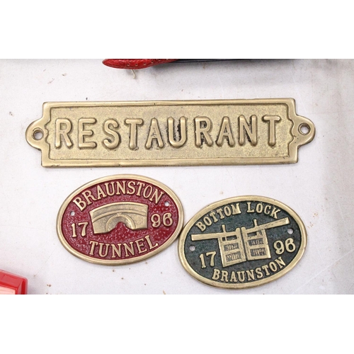 258 - THREE BRASS SIGNS TO INCLUDE, RESTAURANT, BOTTOM LOCK, BRAUNSTON AND BRAUNSTON TUNNEL