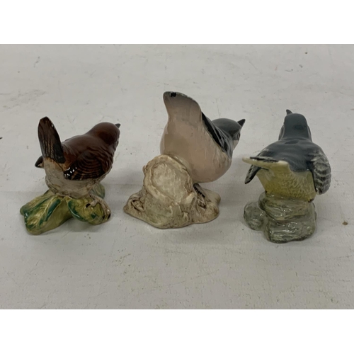 747 - THREE BESWICK BIRDS TO INCLUDE A GREY WAGTAIL, NUTHATCH AND A WREN