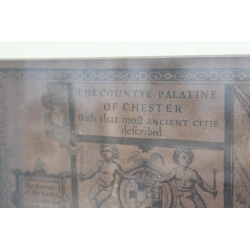 1528 - A FRAMED VINTAGE MAP OF 'THE COUNTYE PALATINE OF CHESTER'