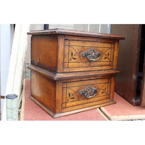 1553 - A VINTAGE MINIATURE OAK CHEST OF TWO DRAWERS WITH BRASS HANDLES