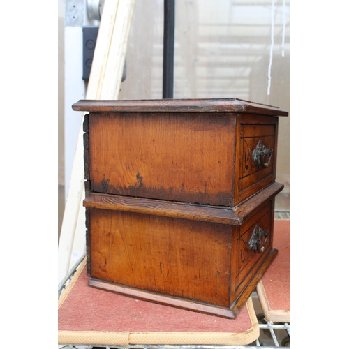 1553 - A VINTAGE MINIATURE OAK CHEST OF TWO DRAWERS WITH BRASS HANDLES