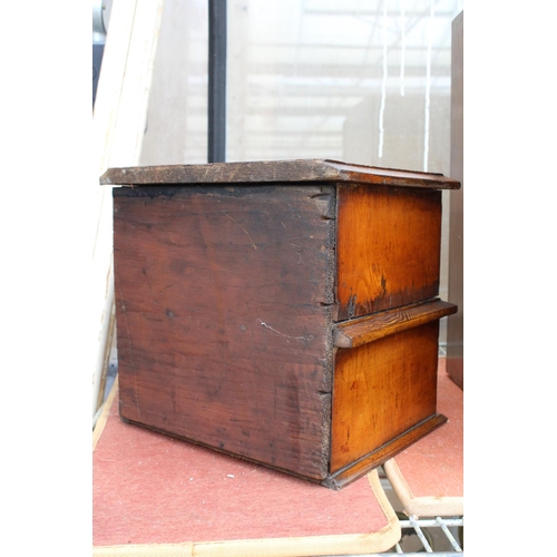 1553 - A VINTAGE MINIATURE OAK CHEST OF TWO DRAWERS WITH BRASS HANDLES