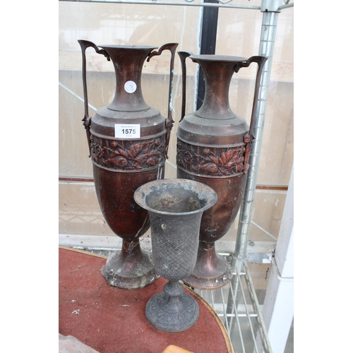 1575 - A PAIR OF ORNATE AND DECORATIVE COPPER URNS AND A A FURTHER SILVER PLATED URN