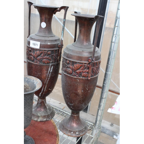 1575 - A PAIR OF ORNATE AND DECORATIVE COPPER URNS AND A A FURTHER SILVER PLATED URN