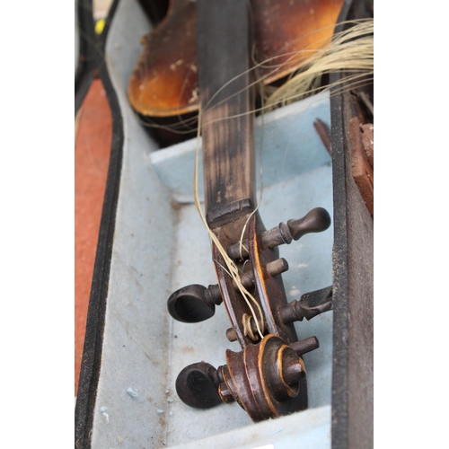 1593 - A VINTAGE CASED VIOLIN WITH BOW FOR RESTORATION