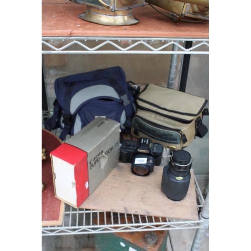 1598 - AN ASSORTMENT OF CAMERA ITEMS TO INCLUDE A CANON DUPLICATOR 35, A CANON T80 CAMERA AND A CANON LENS ... 