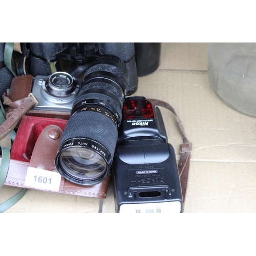 1601 - AN ASSORTMENT OF PHOTOGRAPHY ITEMS TO INCLUDE FOUR PAIRS OF VINTAGE BINOCULARS, A PENTAX CAMERA, A M... 