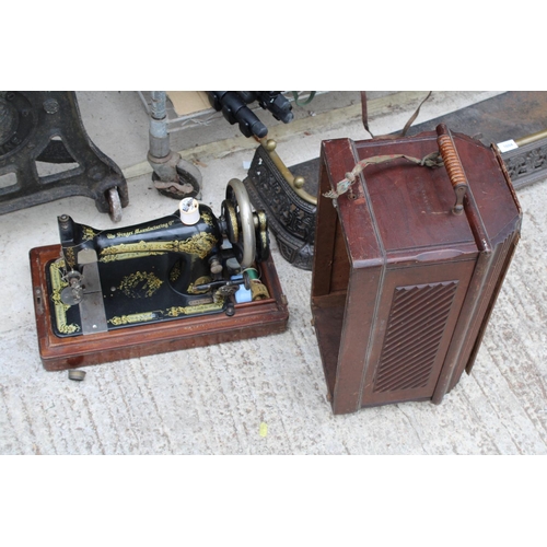 1605 - A VINTAGE SINGER SEWING MACHINE WITH WOODEN CARRY CASE