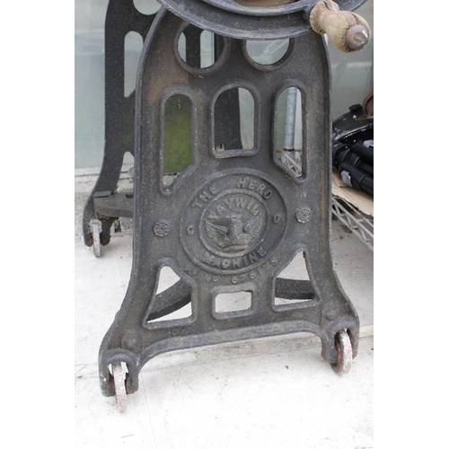 1606 - A VINTAGE CAST IRON AND WOODEN MANGLE BEARING THE NAME 'THE HERO MACHINE'