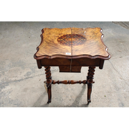 2502 - A VICTORIAN WALNUT SEWING TABLE WITH SLIDING TOP ENCLOSING 8 LIDDED COMPARTMENTS, ON BARLEY-TWIST LE... 