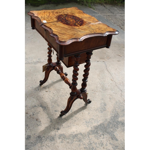 2502 - A VICTORIAN WALNUT SEWING TABLE WITH SLIDING TOP ENCLOSING 8 LIDDED COMPARTMENTS, ON BARLEY-TWIST LE... 