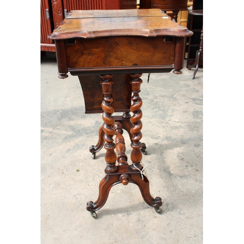 2502 - A VICTORIAN WALNUT SEWING TABLE WITH SLIDING TOP ENCLOSING 8 LIDDED COMPARTMENTS, ON BARLEY-TWIST LE... 