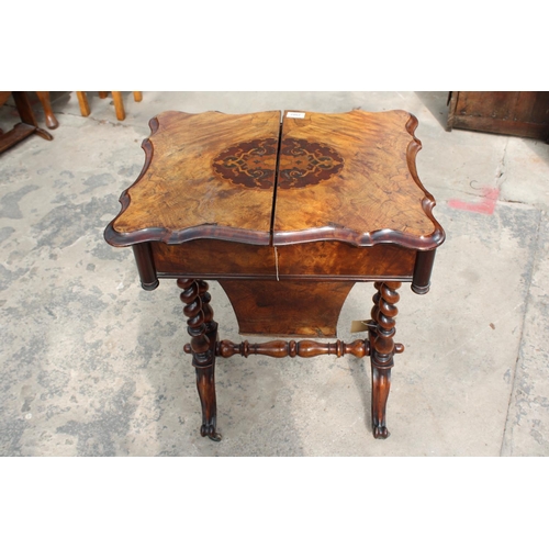 2502 - A VICTORIAN WALNUT SEWING TABLE WITH SLIDING TOP ENCLOSING 8 LIDDED COMPARTMENTS, ON BARLEY-TWIST LE... 