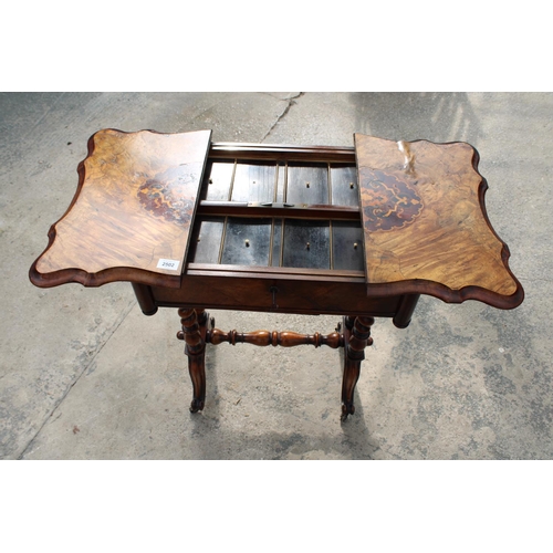 2502 - A VICTORIAN WALNUT SEWING TABLE WITH SLIDING TOP ENCLOSING 8 LIDDED COMPARTMENTS, ON BARLEY-TWIST LE... 