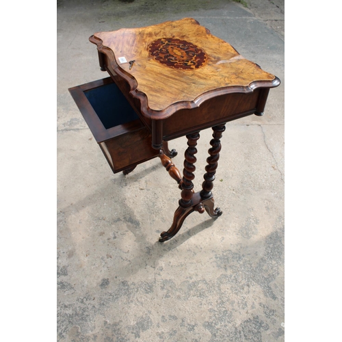 2502 - A VICTORIAN WALNUT SEWING TABLE WITH SLIDING TOP ENCLOSING 8 LIDDED COMPARTMENTS, ON BARLEY-TWIST LE... 