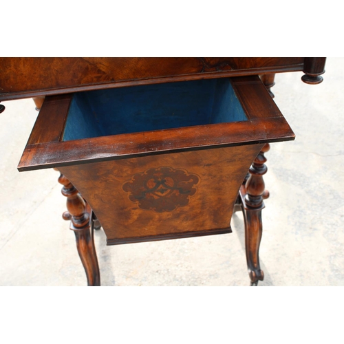 2502 - A VICTORIAN WALNUT SEWING TABLE WITH SLIDING TOP ENCLOSING 8 LIDDED COMPARTMENTS, ON BARLEY-TWIST LE... 