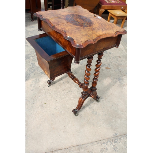 2502 - A VICTORIAN WALNUT SEWING TABLE WITH SLIDING TOP ENCLOSING 8 LIDDED COMPARTMENTS, ON BARLEY-TWIST LE... 