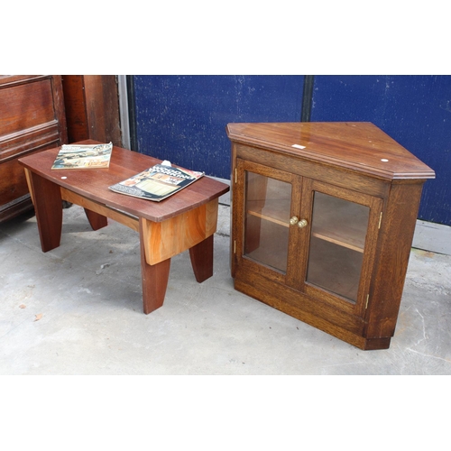 2504 - A GORDON WARR CONTRASTING HARDWOOD COFFEE TABLE AND AN OAK CORNER CABINET