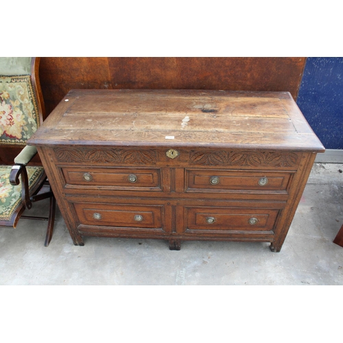 2505 - A GEORGE III OAK BLANKET CHEST WITH CARVED FRIEZE AND 4 SHAM DRAWERS, 52