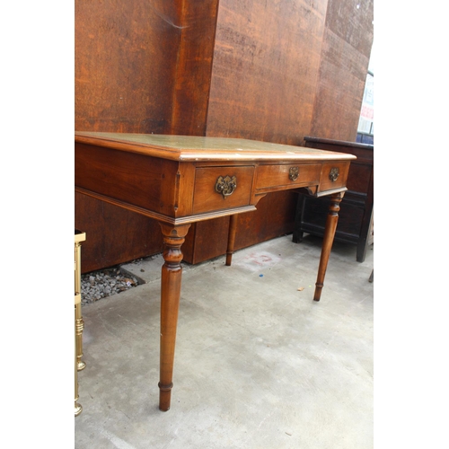 2507 - A 19TH CENTURY STYLE SIMPON'S OF NORFOLK 3 DRAWER DESK WITH INSET LEATHER TOP ON TURNED LEGS, 46