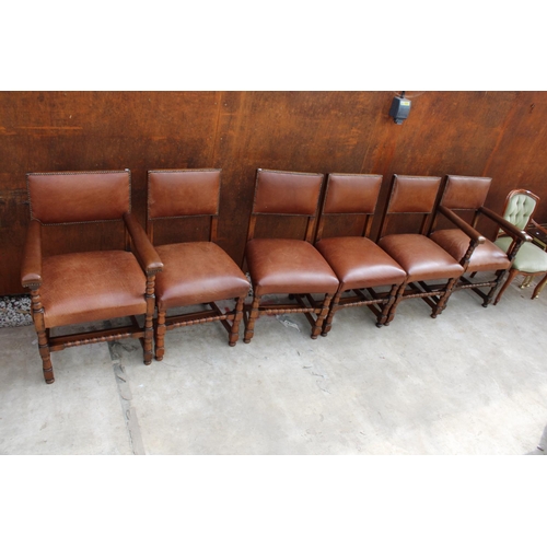 2510 - A SET OF 6 OAK JACOBEAN STYLE DINING CHAIRS WITH LEATHER SEATS AND LEATHER STUDDED BACKS ON TURNED L... 