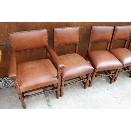 2510 - A SET OF 6 OAK JACOBEAN STYLE DINING CHAIRS WITH LEATHER SEATS AND LEATHER STUDDED BACKS ON TURNED L... 