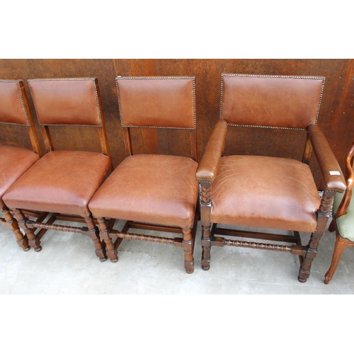 2510 - A SET OF 6 OAK JACOBEAN STYLE DINING CHAIRS WITH LEATHER SEATS AND LEATHER STUDDED BACKS ON TURNED L... 