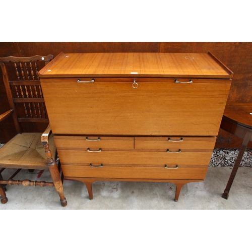 2513 - A RETRO TEAK BUREAU WITH DROP-DOWN FLAP, 2 SHORT AND 2 LONG DRAWERS TO BASE