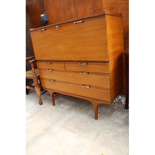 2513 - A RETRO TEAK BUREAU WITH DROP-DOWN FLAP, 2 SHORT AND 2 LONG DRAWERS TO BASE