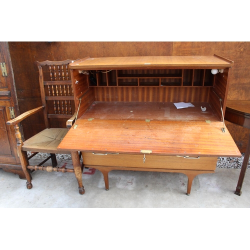 2513 - A RETRO TEAK BUREAU WITH DROP-DOWN FLAP, 2 SHORT AND 2 LONG DRAWERS TO BASE