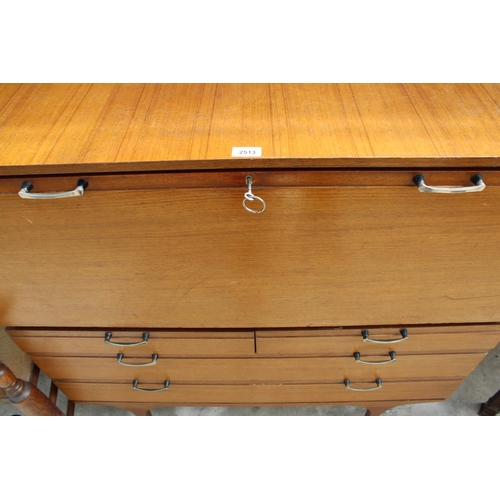 2513 - A RETRO TEAK BUREAU WITH DROP-DOWN FLAP, 2 SHORT AND 2 LONG DRAWERS TO BASE