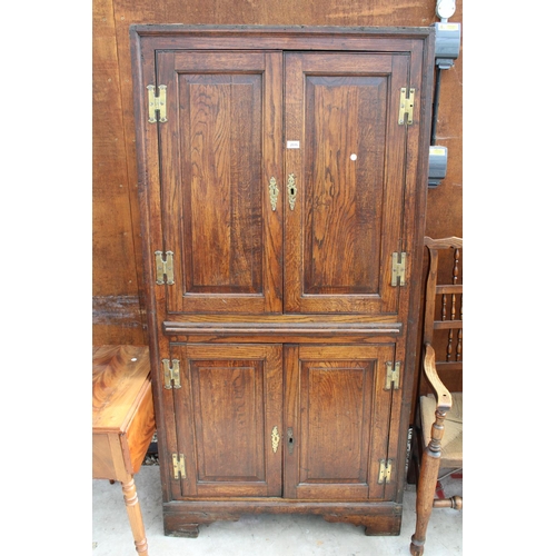 2515 - A GEORGE III OAK 4 DOOR FULL LENGTH CORNER CUPBOARD WITH 4 BRASS HINGES, 36