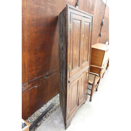 2515 - A GEORGE III OAK 4 DOOR FULL LENGTH CORNER CUPBOARD WITH 4 BRASS HINGES, 36