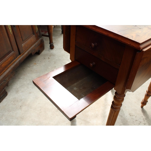 2516 - A 19TH CENTURY MAHOGANY WORK TABLE WITH 2 DRAWERS, SIDE CUPBOARD AND WORK BOX