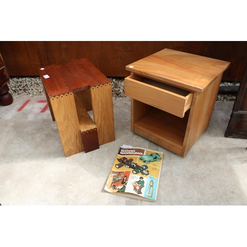 2517 - A BEECH AND MAHOGANY GORDON WARR STOOL, SEE ARTICLE IN 1983 WOOD WORKING MAGAZINE AND A SIMILAR LAMP... 