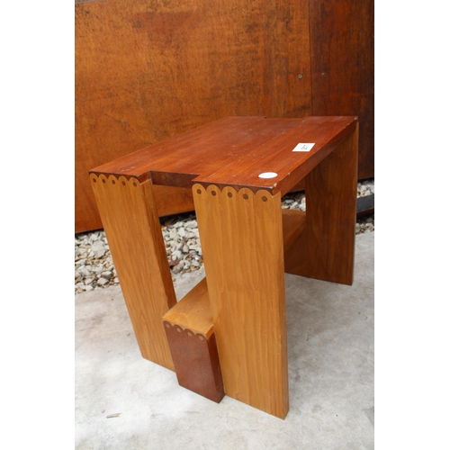 2517 - A BEECH AND MAHOGANY GORDON WARR STOOL, SEE ARTICLE IN 1983 WOOD WORKING MAGAZINE AND A SIMILAR LAMP... 