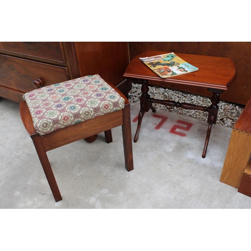 2518 - A MAHOGANY TWIN-PEDESTAL COFFEE TABLE AND MAHOGANYT PIANO STOOL WITH LIFT-UP SEAT