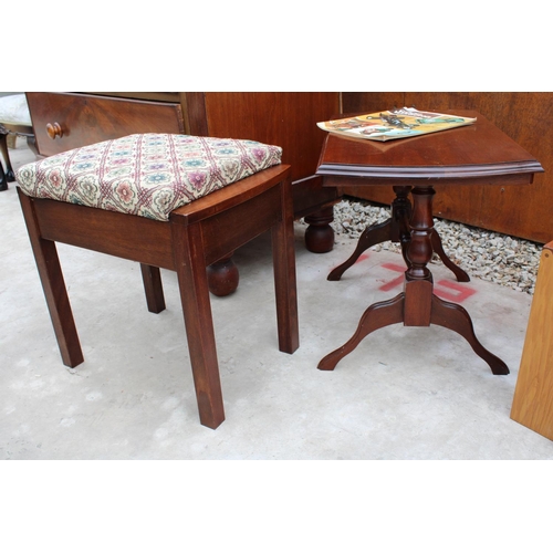 2518 - A MAHOGANY TWIN-PEDESTAL COFFEE TABLE AND MAHOGANYT PIANO STOOL WITH LIFT-UP SEAT