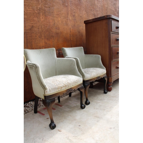 2520 - A PAIR OF MODERN UPHOSTERED TUB CHAIRS ON FRONT CABRIOLE LEGS WITH BALL AND CLAW FEET