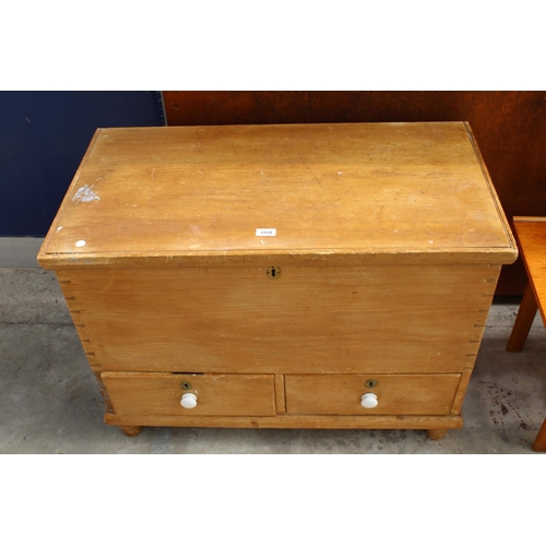 2528 - A VICTORIAN PINE BLANKET CHEST WITH 2 DRAWERS TO BASE AND IRON CARRYING HANDLES, 36