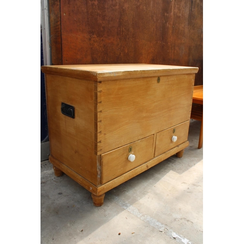 2528 - A VICTORIAN PINE BLANKET CHEST WITH 2 DRAWERS TO BASE AND IRON CARRYING HANDLES, 36