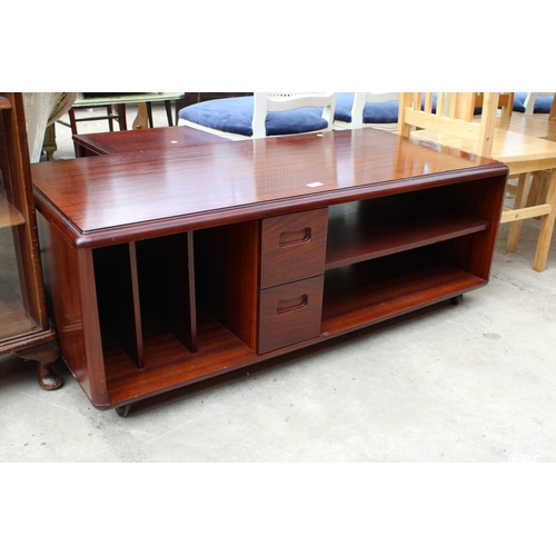 2549 - A RETRO MAHOGANY AND CROSSBANDED MEREDEW COFFEE TABLE ENCLOSING DRAWERS, RECORD RACK AND SHELF, 48