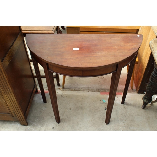 2554 - A 19TH CENTURY STYLE MAHOGANY DEMI-LUNE HALL TABLE, 35