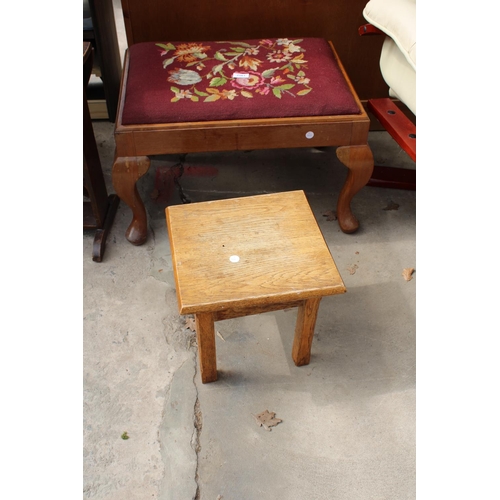 2561 - A MID 20TH CENTURY STOOL WITH WOOLWORK SEAT AND SMALL OAK TABLE