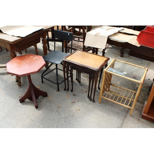 2567 - A MODERN NEST OF 3 TABLES, OCTAGONAL TABLE, BAMBOO TABLE, SWIVEL OFFICE CHAIR