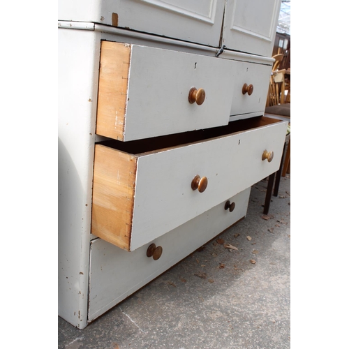 2570 - A VICTORIAN HOUSEMAIDS CUPBOARD, WHITE PAINTED OVER SCUMBLE WITH 2 SHORT AND 2 LONG DRAWERS TO BASE,... 