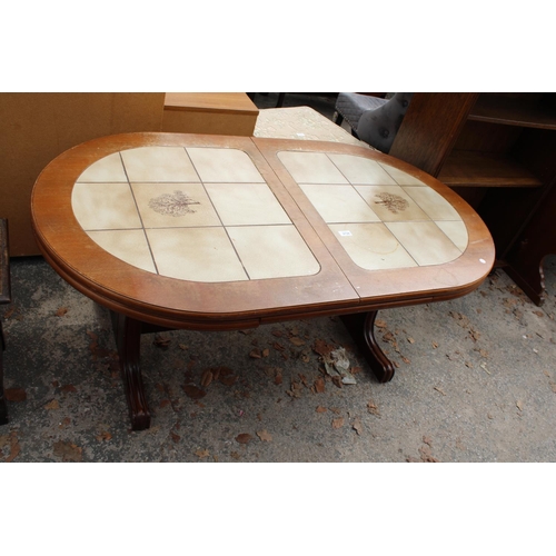 2734 - A RETRO TEAK EXTENDING COFFEE TABLE WITH TILED TOP BEARING GRABFIED MOBEL LABEL