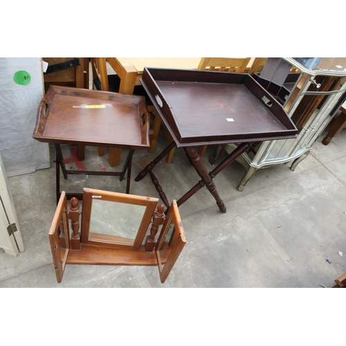 2754 - TWO GEORGIAN STYLE BUTLERS TRAYS ON FOLDING STANDS AND A PINE TRIPLE MIRROR