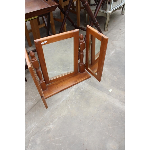 2754 - TWO GEORGIAN STYLE BUTLERS TRAYS ON FOLDING STANDS AND A PINE TRIPLE MIRROR