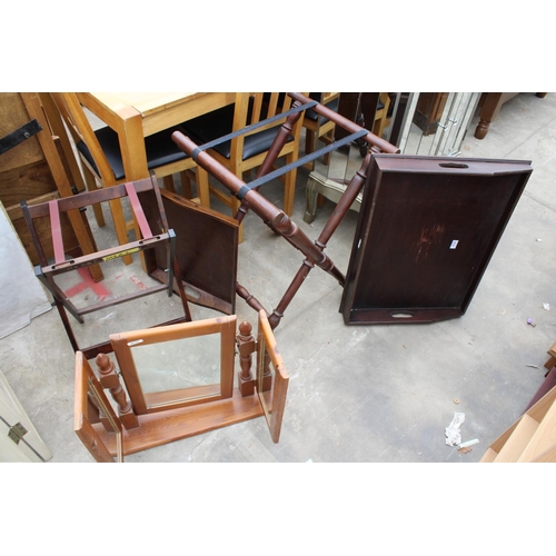 2754 - TWO GEORGIAN STYLE BUTLERS TRAYS ON FOLDING STANDS AND A PINE TRIPLE MIRROR